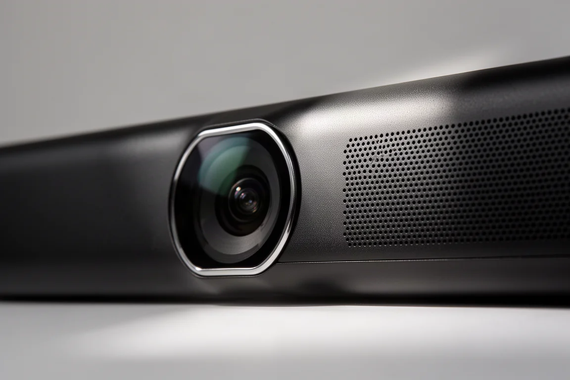 Primo piano della lente della videocamera di una video bar e della griglia perforata dell'altoparlante