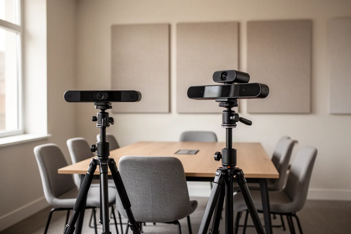 Barra per videoconferenze su treppiede in una piccola sala riunioni con pannelli acustici
