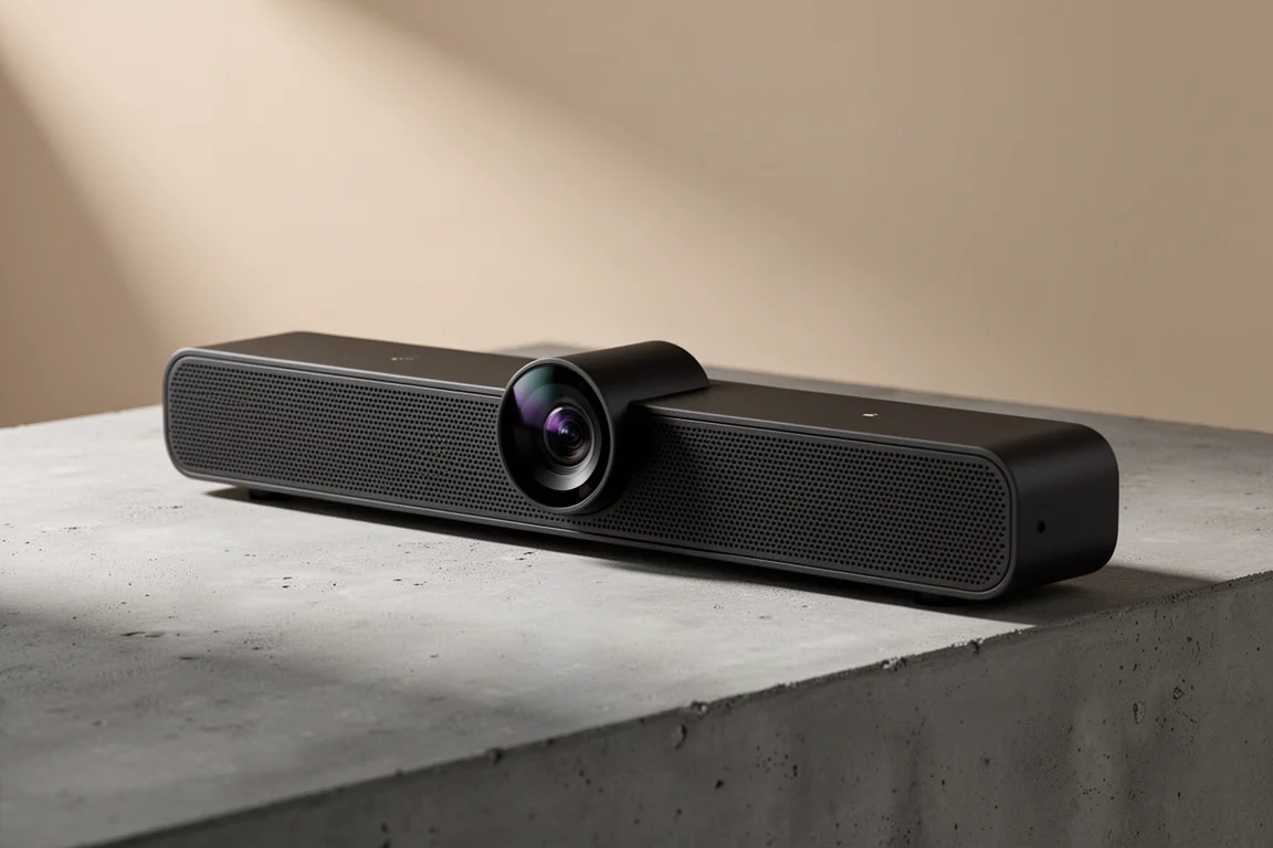 Slim matte black all-in-one video conferencing bar on a concrete surface