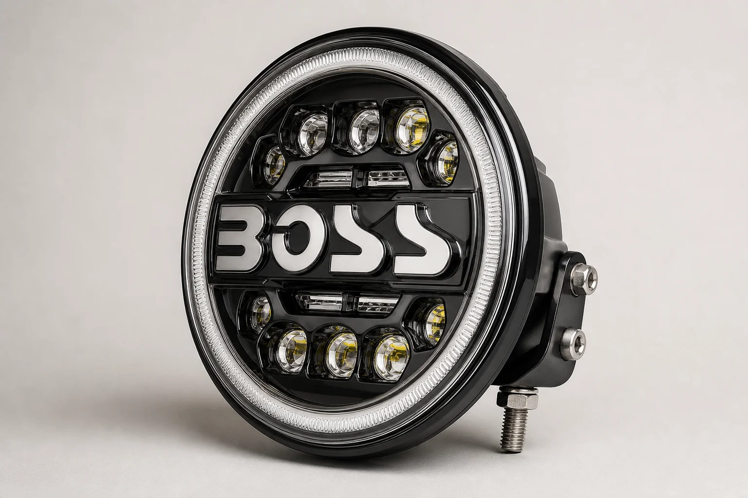Five LED and drop-in headlights arranged on concrete surface