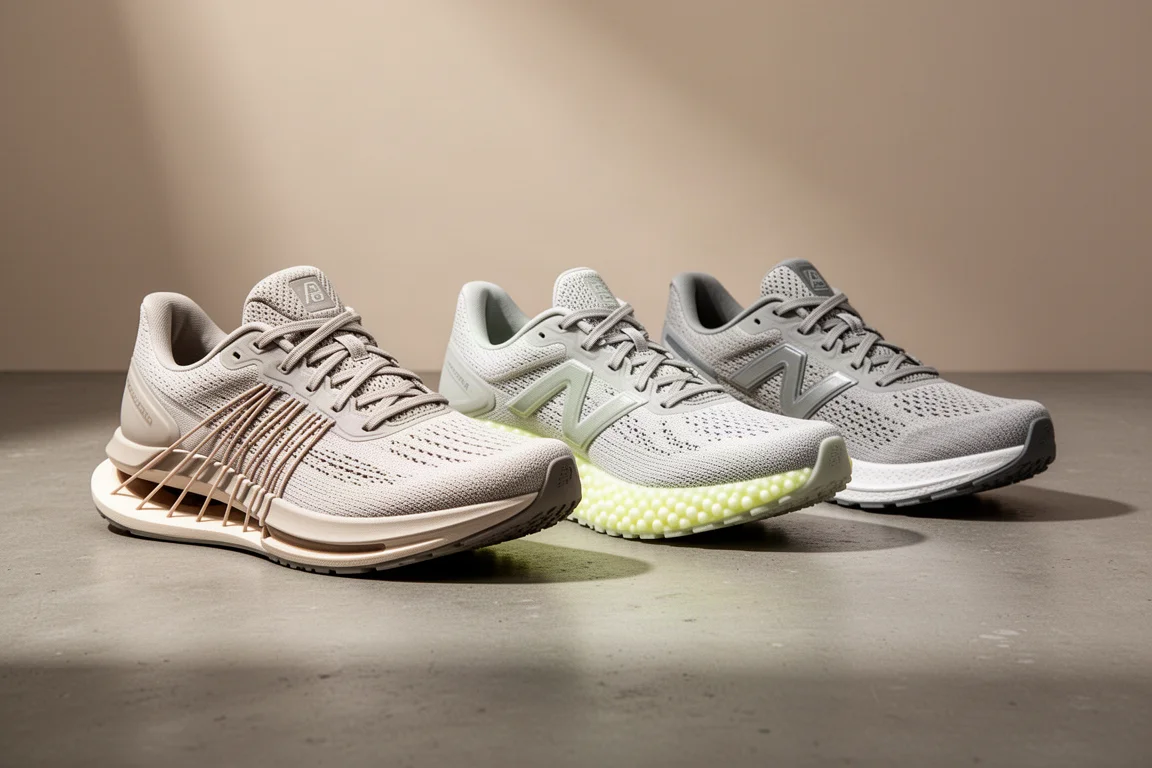 Three plated running shoes arranged in a row on a concrete surface