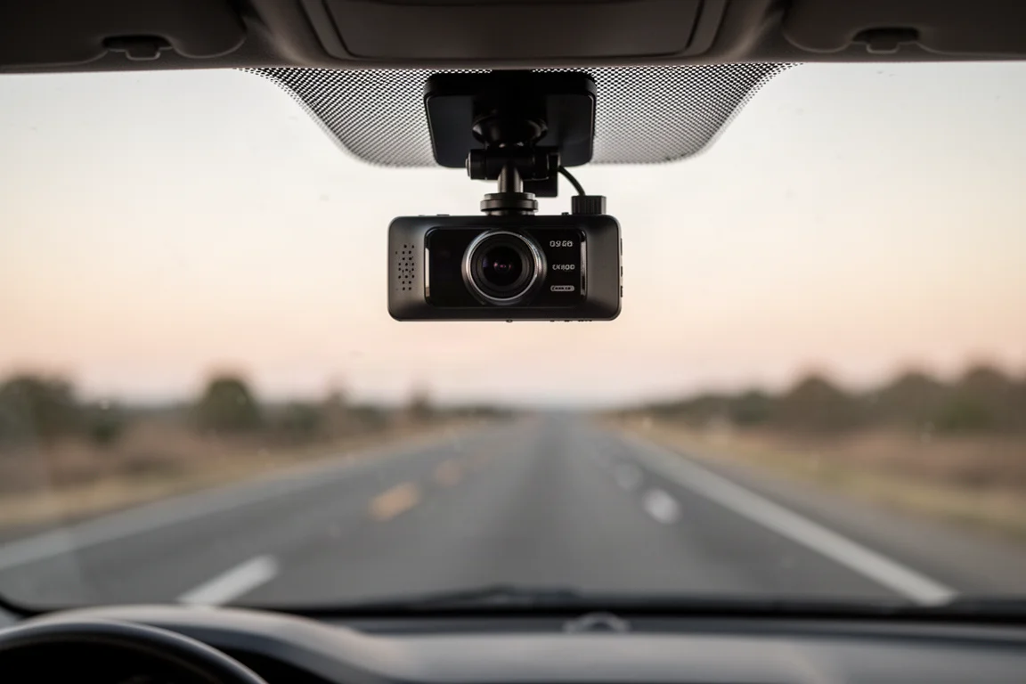 An der Windschutzscheibe montierte Dashcam, die bei einer Probefahrt die Straße vor sich aufzeichnet