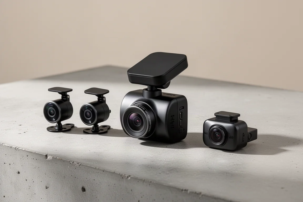 Sistema dash cam a quattro canali Bots Lab G980H con telecamere laterali su una superficie in cemento