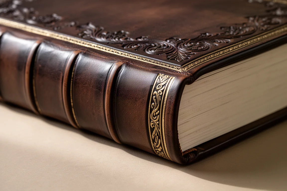 Nahaufnahme der goldenen Verzierungen im mittelalterlichen Stil auf einem dunklen Journal-Einband