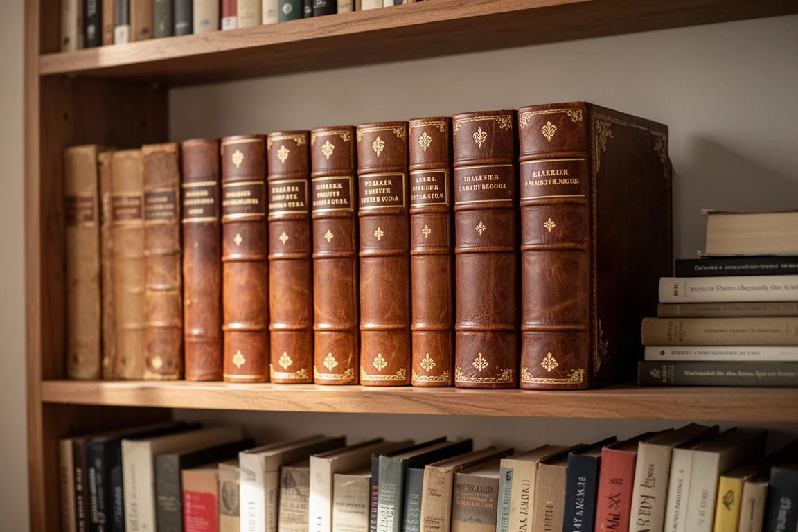 Reihe lederner Journals in einem Holzregal