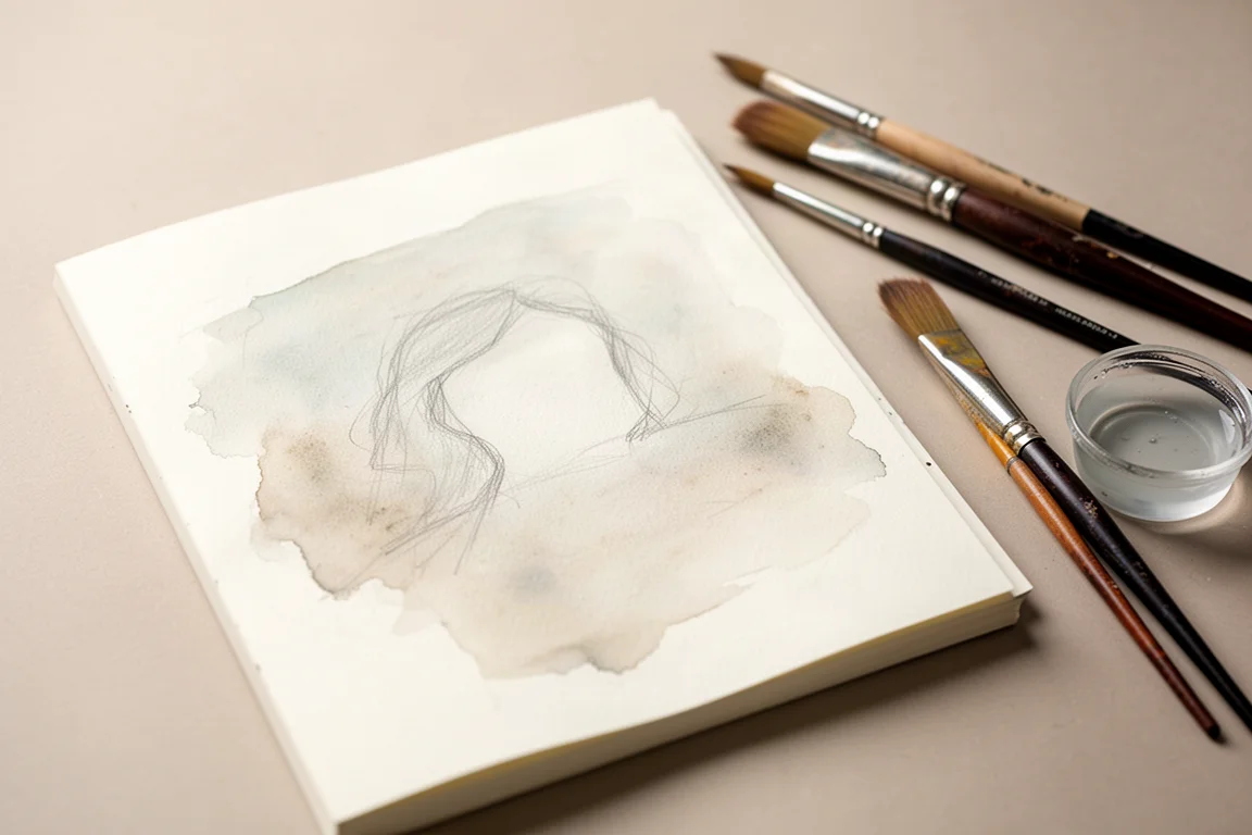 Skizze und leichte Aquarellzeichnung auf einer unlinierten Journal-Seite