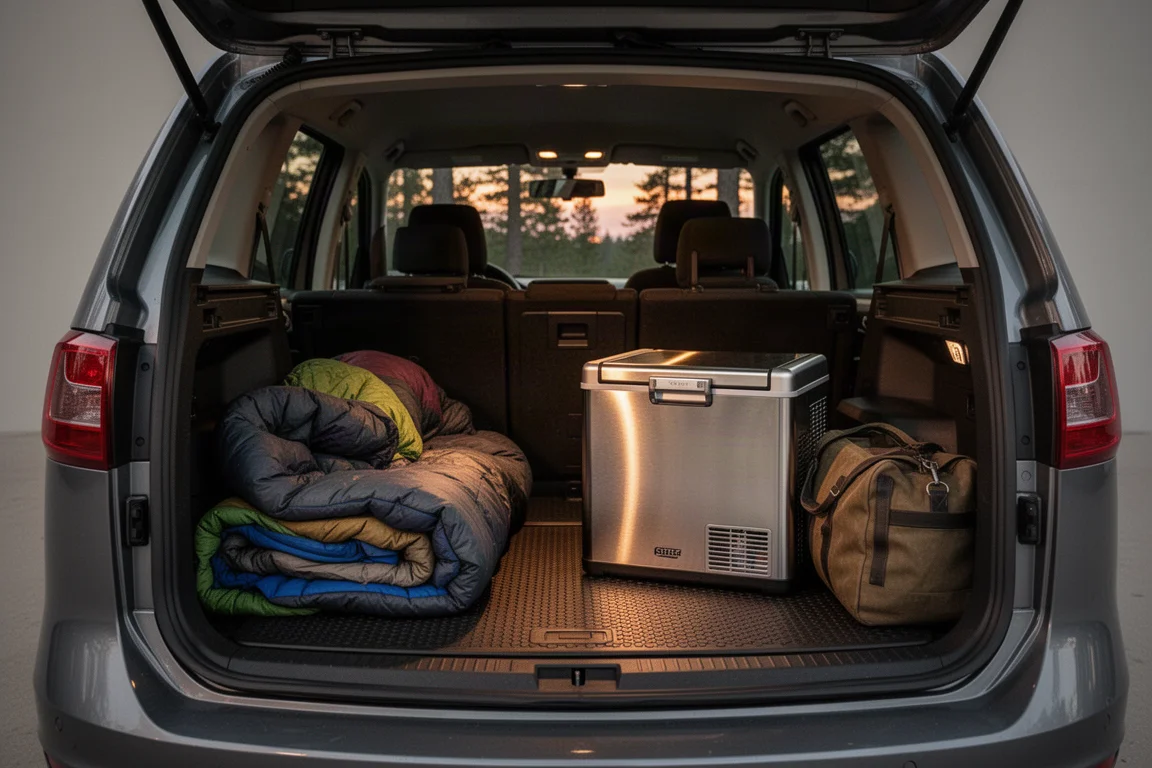 Réfrigérateur portable installé à l'arrière d'un SUV sur un camping au crépuscule