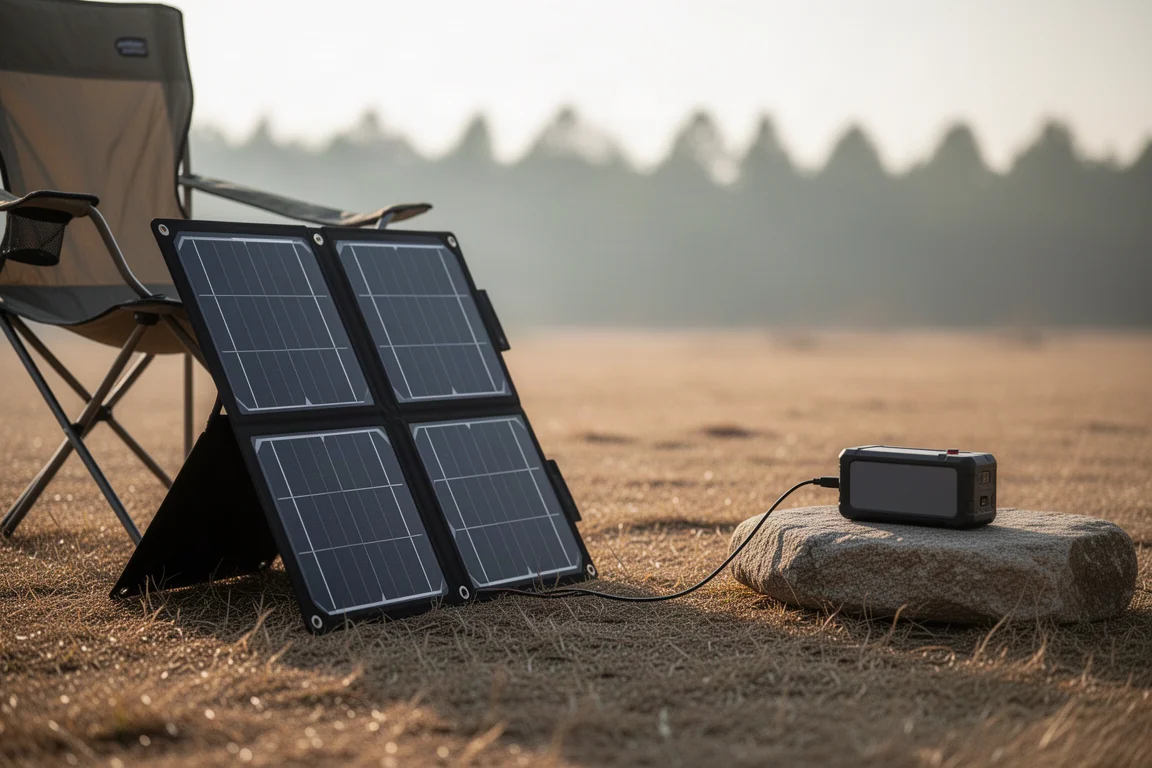 Panneau solaire incliné sur l'herbe à côté d'un camping avec un câble vers une batterie