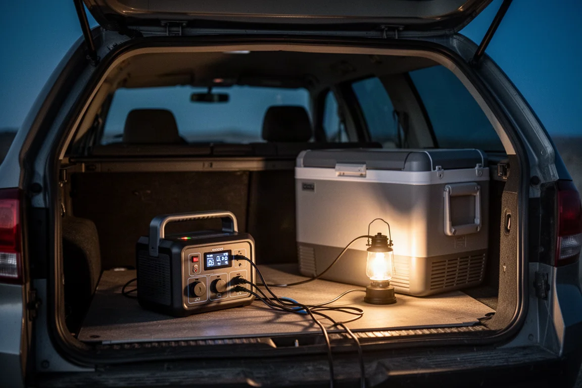 Scène de camping nocturne avec une station électrique et des câbles vers un réfrigérateur