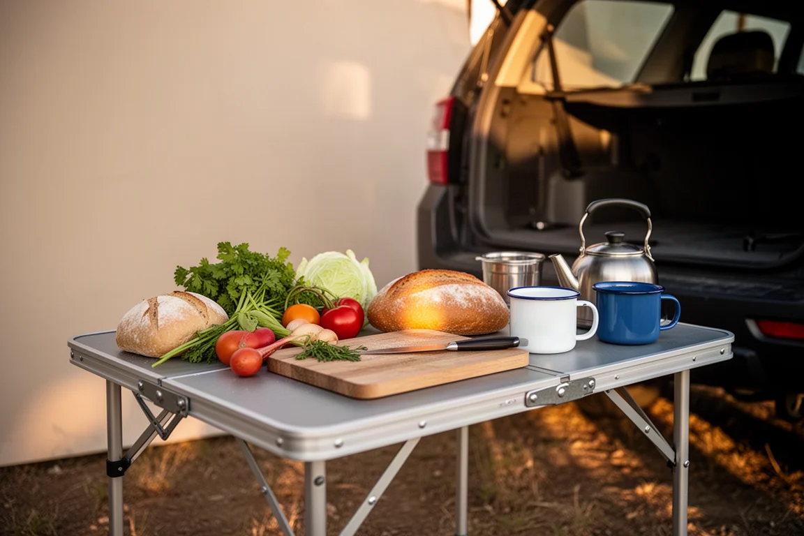 Table de cuisine de camping avec des aliments frais à l'heure dorée près d'un véhicule