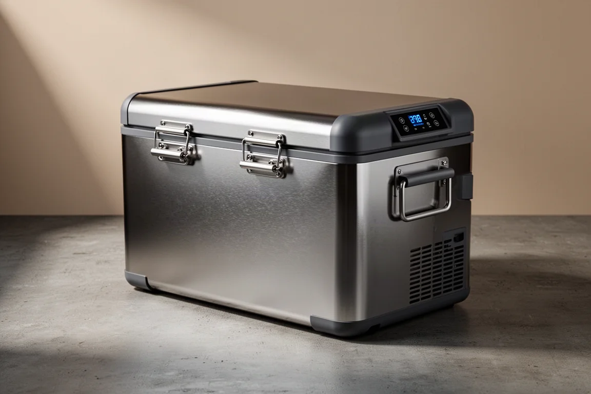 Portable stainless steel 12V camping fridge and freezer on a concrete surface