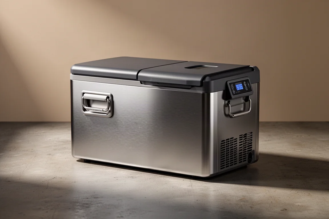 Stainless steel portable dual-zone 12V fridge freezer on a concrete surface