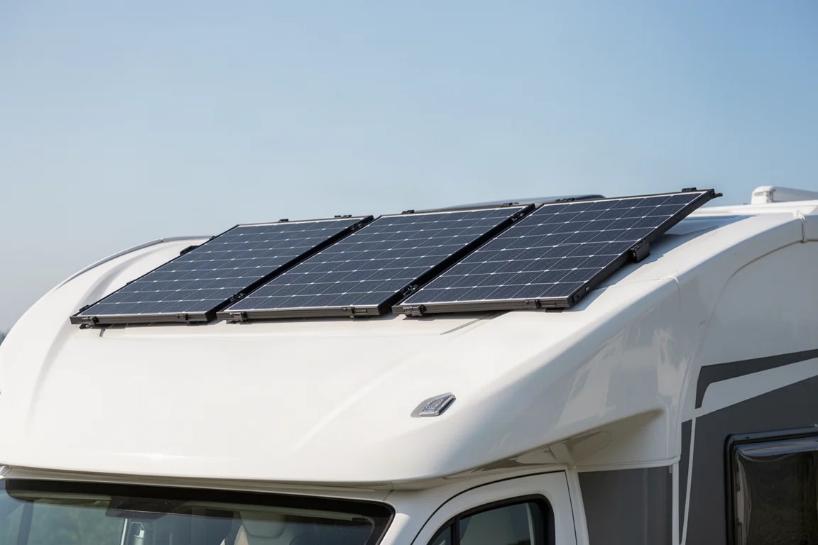 三片彈性太陽能板安裝在現代露營車車頂上