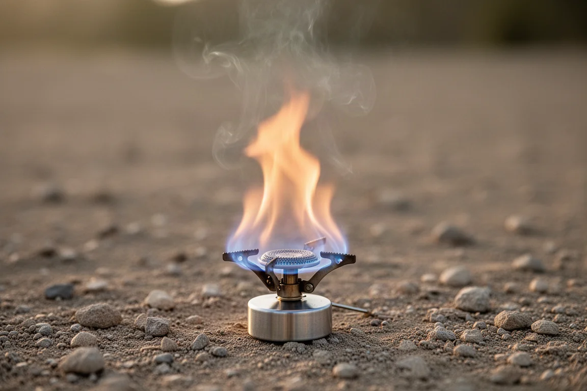 Alcoholvlamring brandend uit een kleine metalen brander op droge grond