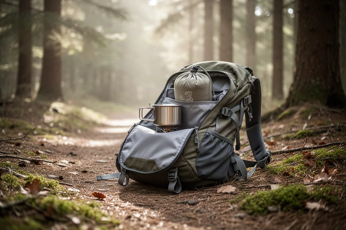 Backpacker stopt een kleine kookkit in een rugzak op een bospad