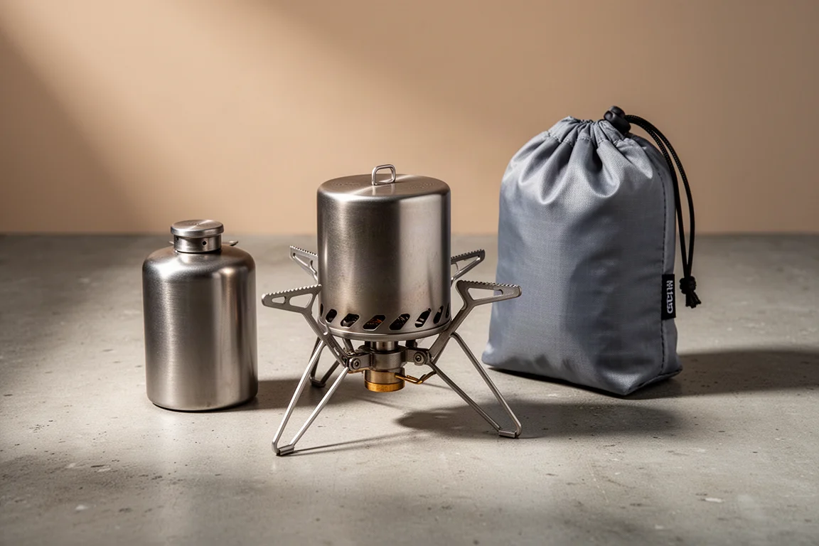 Quemador de alcohol de titanio, soporte plegable para hornillo y bolsa de cordón sobre una superficie de hormigón