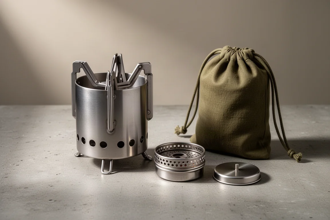 Titanium alcohol and wood burning stove kit with burner, lid and stuff sack on concrete
