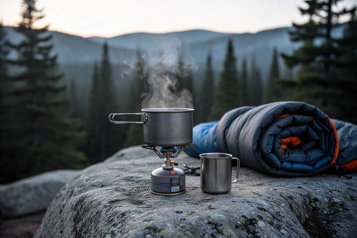 Cozinha de acampamento em área remota ao amanhecer com uma panela pequena soltando vapor em um fogareiro a gás