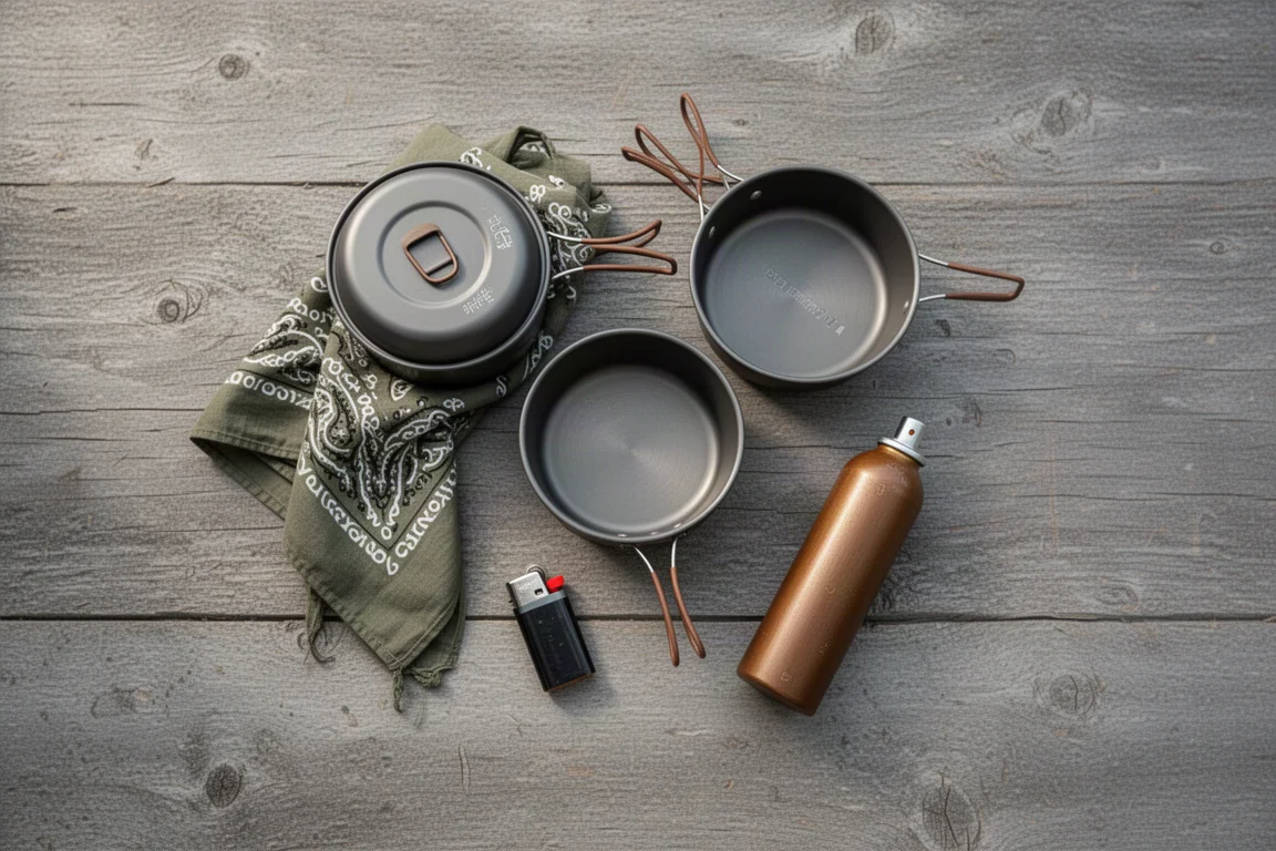 Vista de cima de utensílios de cozinha compactos para mochilão com um isqueiro e um pequeno botijão de combustível