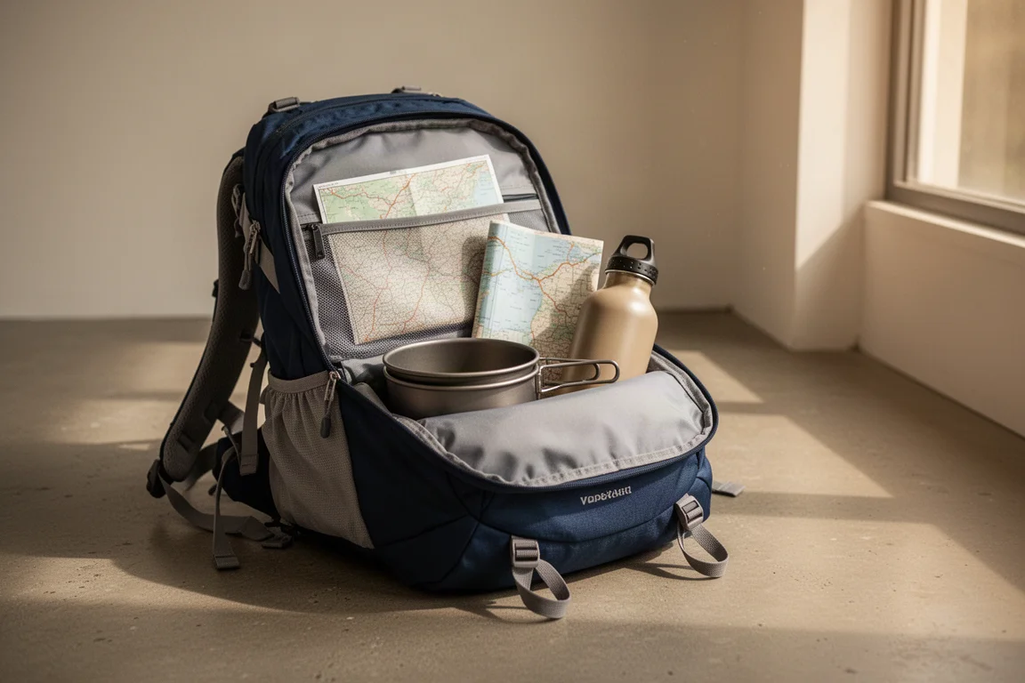 Conjunto de cozinha compacto guardado em um compartimento aberto da tampa de uma mochila ao lado de um mapa