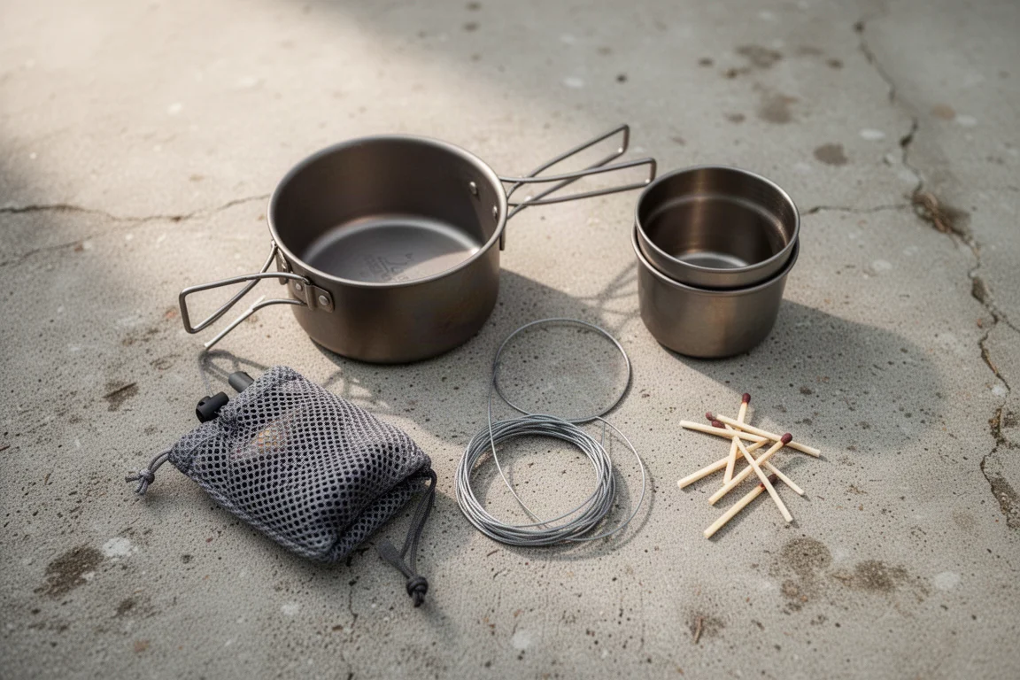 Cozinha de acampamento com utensílios de titânio sobre uma pedra ao lado de um lago na montanha ao amanhecer