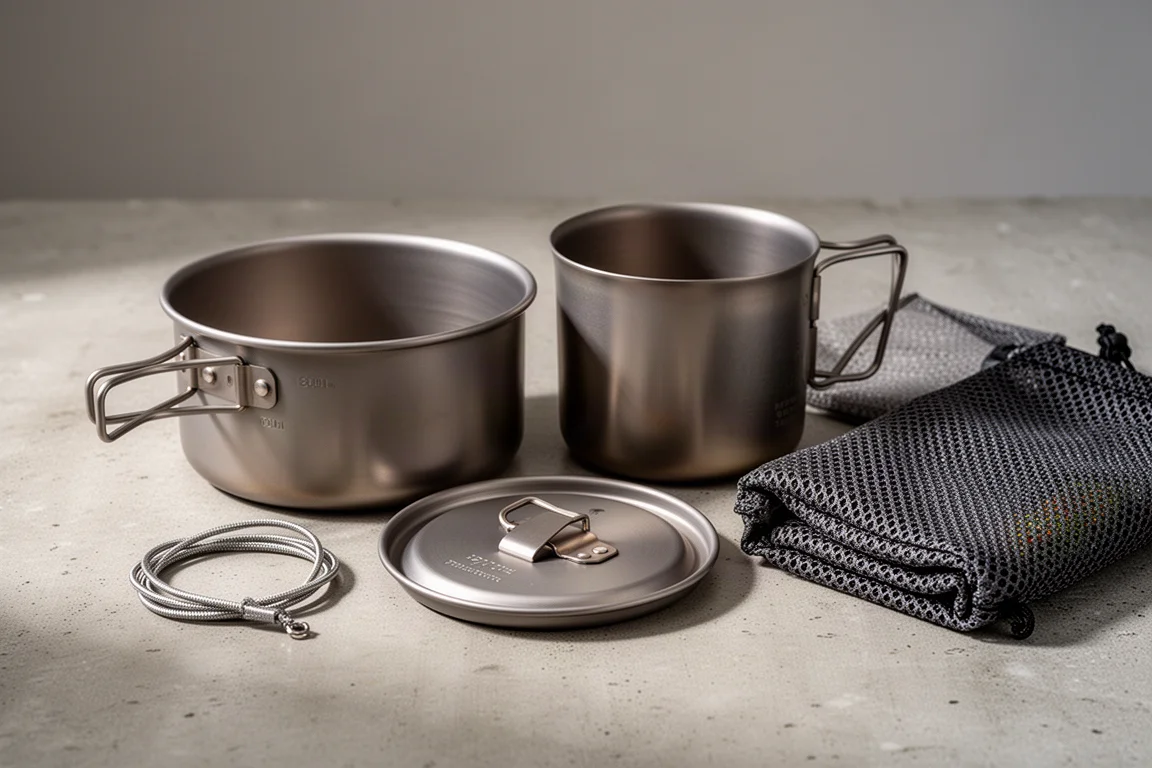 Ultralight titanium camp pot, cup, lid, cable, and mesh stuff sack arranged on concrete