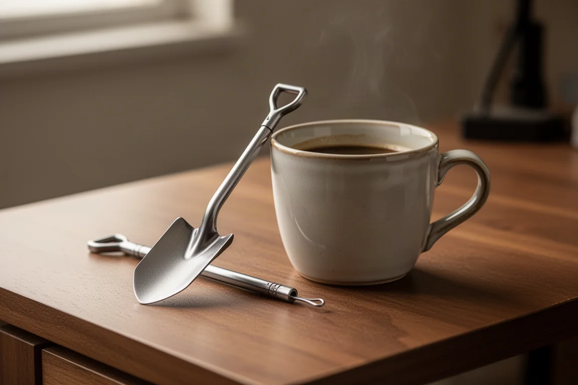 Mini-Titanschaufeln neben einer Kaffeetasse zum Größenvergleich gehalten