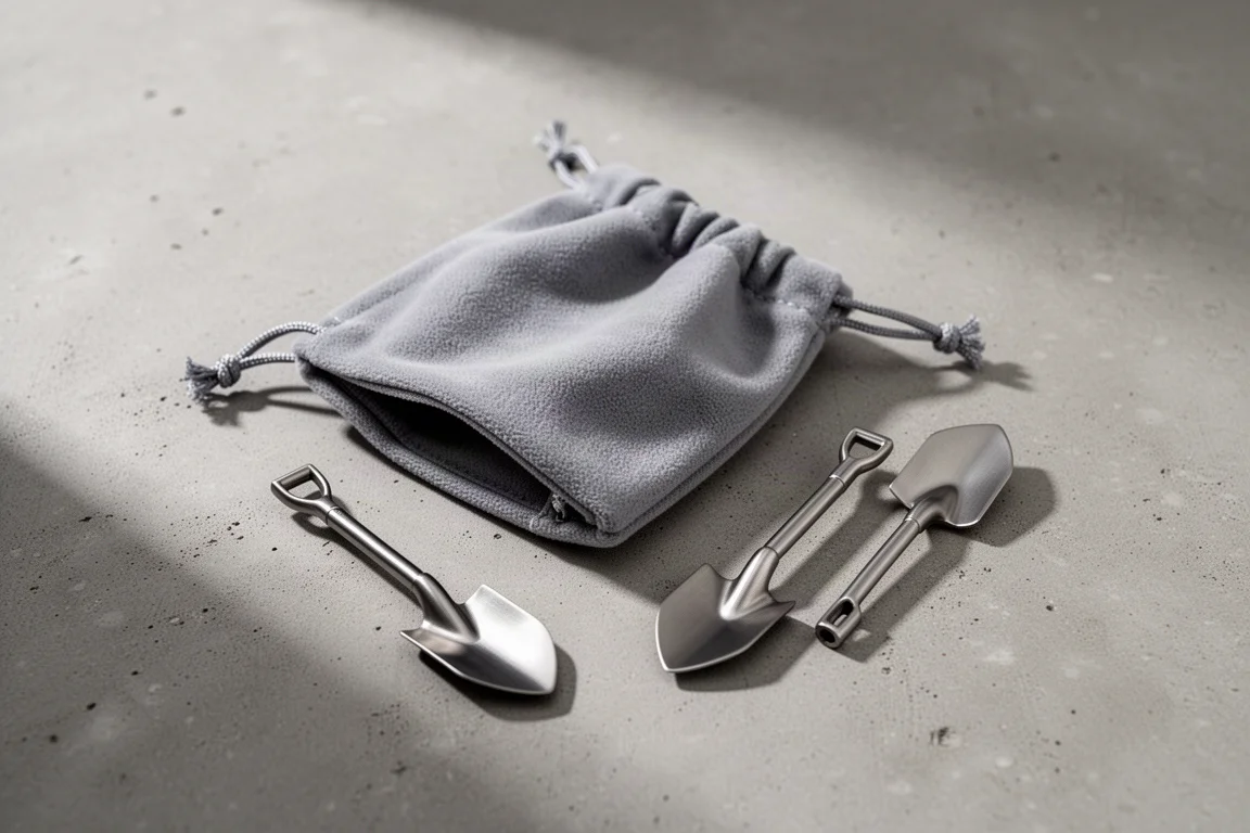 Mikrofaserbeutel mit zwei Mini-Titanschaufeln auf einem Schreibtisch