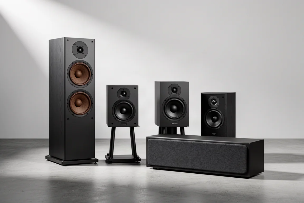 Four Bowers & Wilkins 600 S3 speakers arranged together on a concrete floor