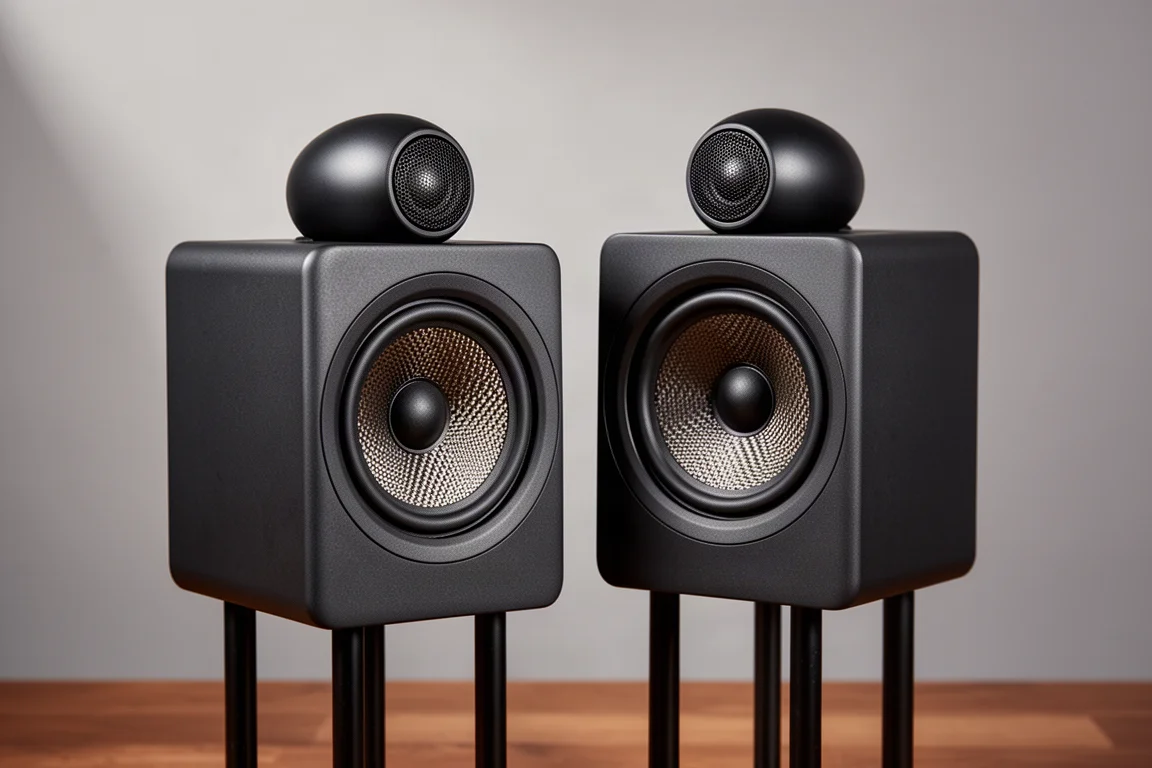 Pair of light oak stand-mount speakers on slim black stands in a minimal listening room