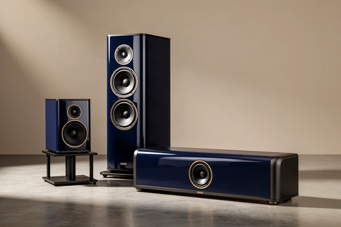 Three home audio speakers on a concrete floor, two towers and a center channel
