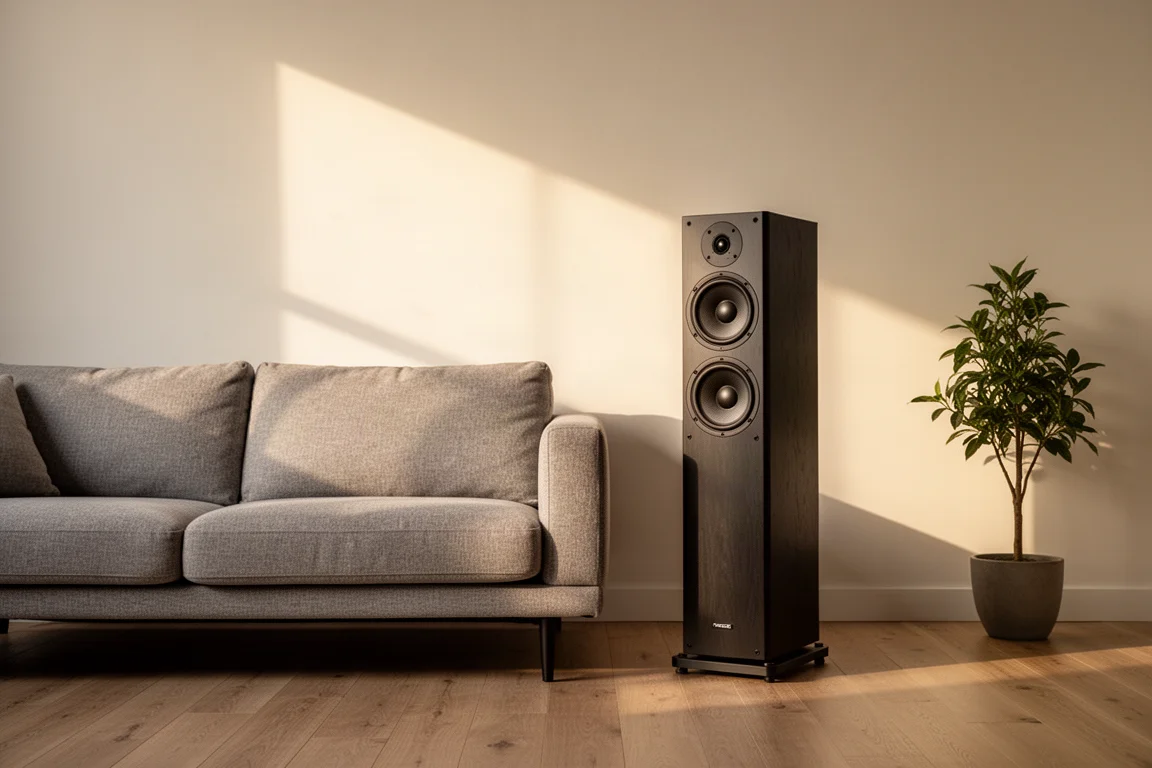 Schlanker Standlautsprecher-Tower neben einem Sofa in einem sonnendurchfluteten Wohnzimmer