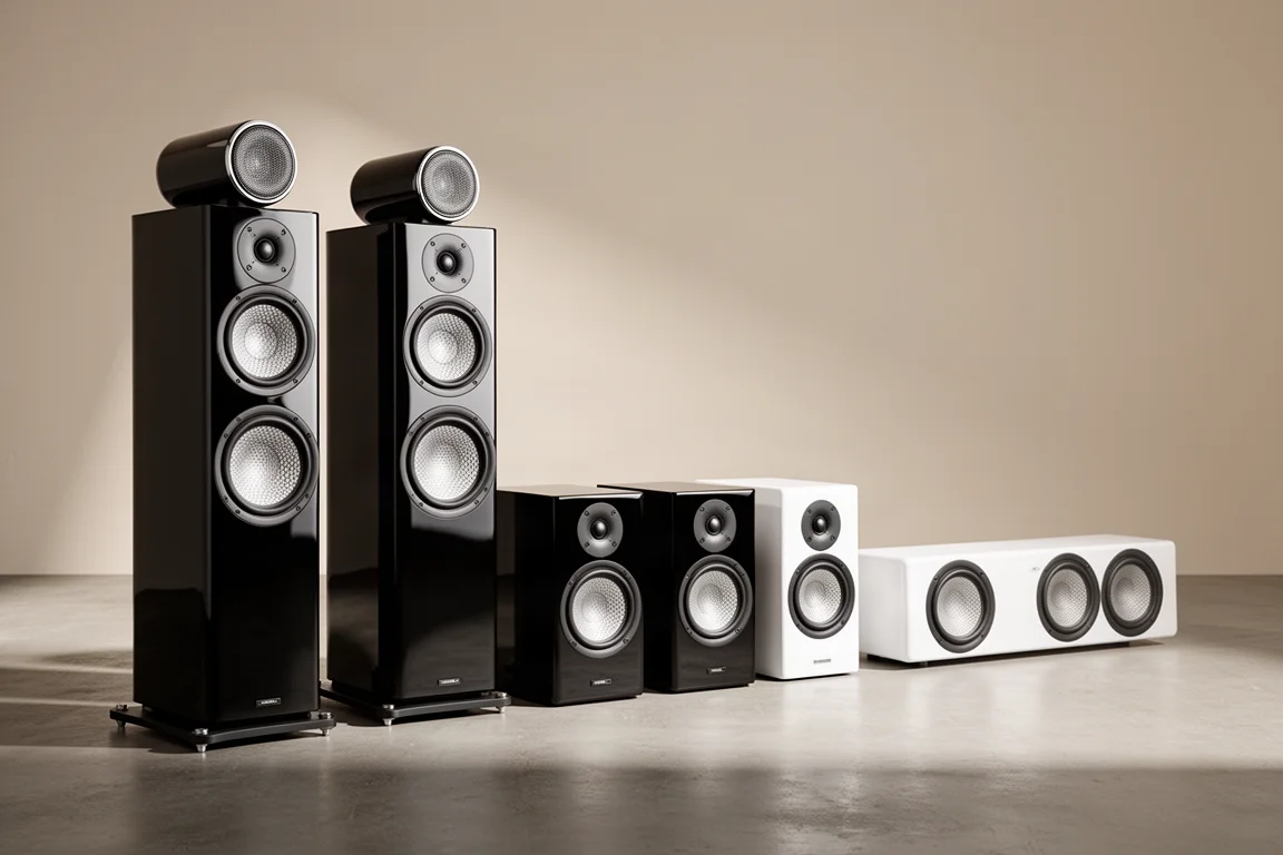 Lineup of floorstanding, bookshelf and center channel speakers on a concrete floor