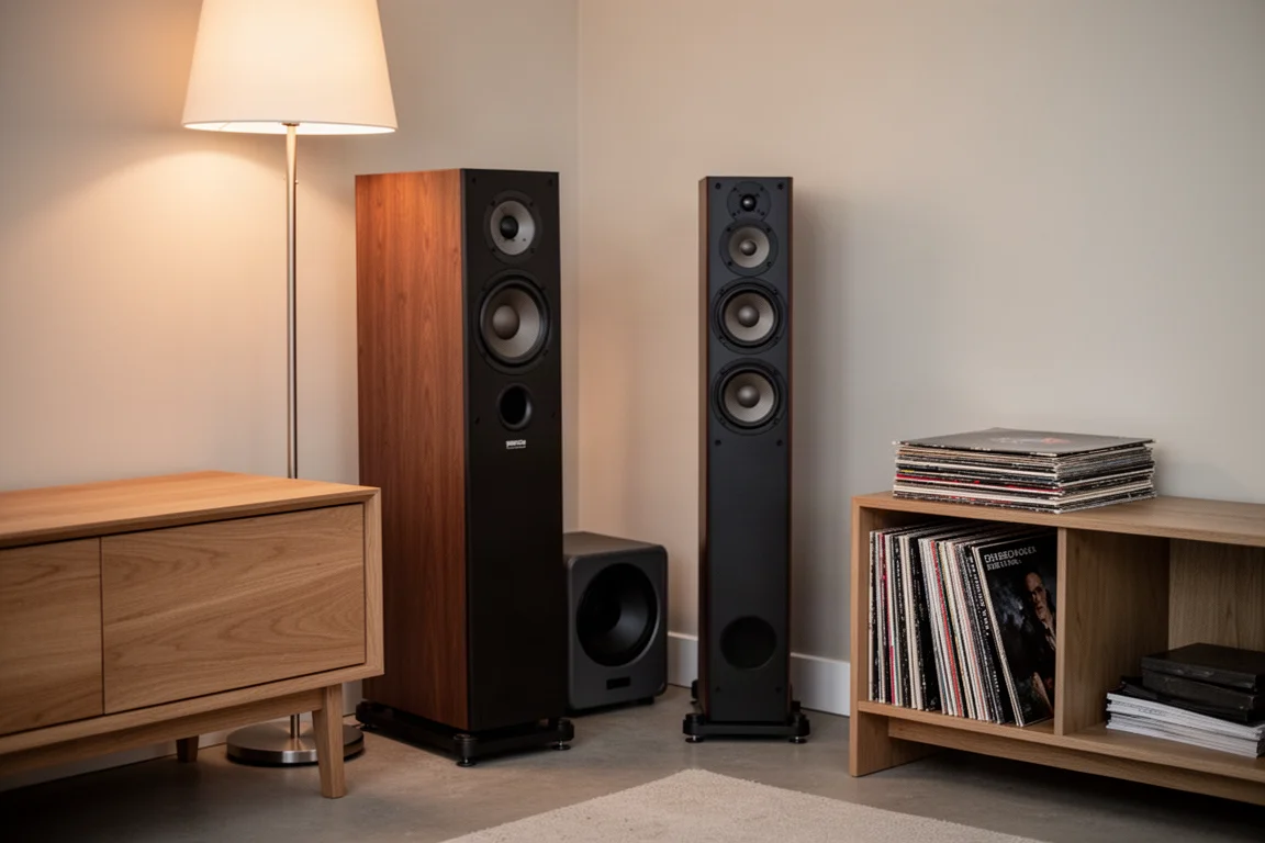 Caixas torre e um subwoofer compacto dispostos em uma sala de apartamento modesta