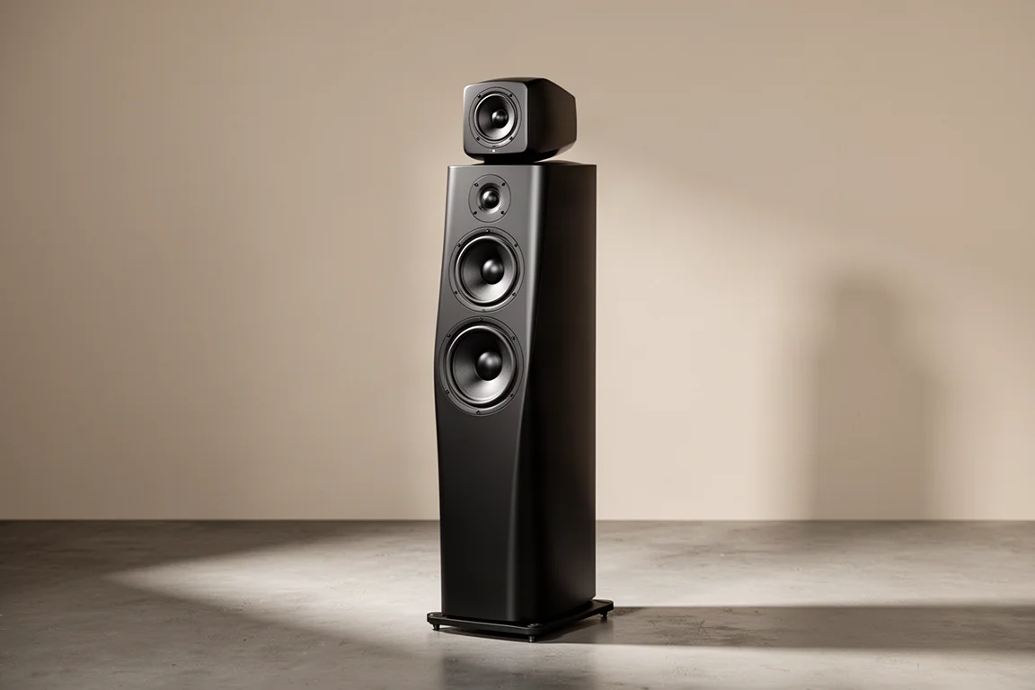 Tall three-way floorstanding loudspeaker with a separate tweeter enclosure on top
