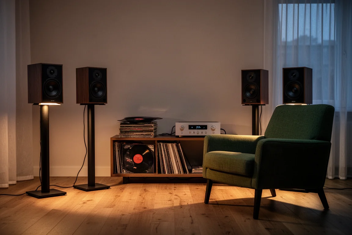 Close-up of a machined aluminium tweeter pod resting on a dark wood veneer speaker cabinet