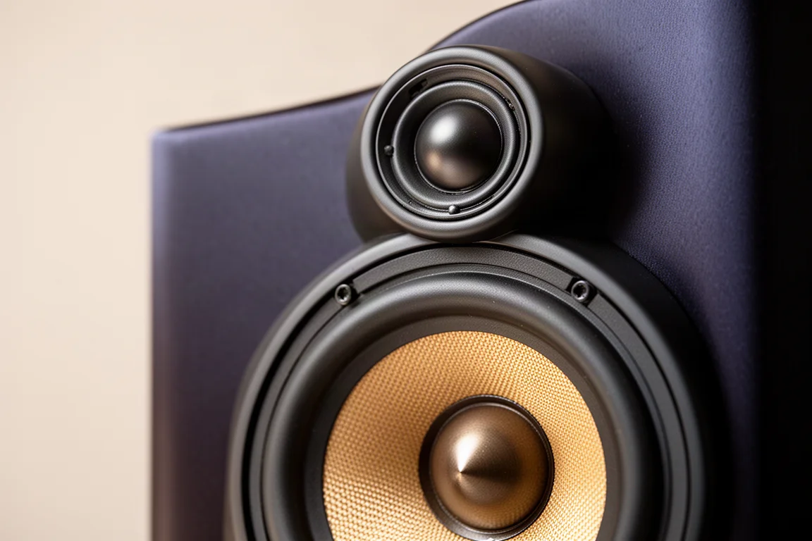 Pair of compact stand-mount speakers on tripod stands in a softly lit listening room