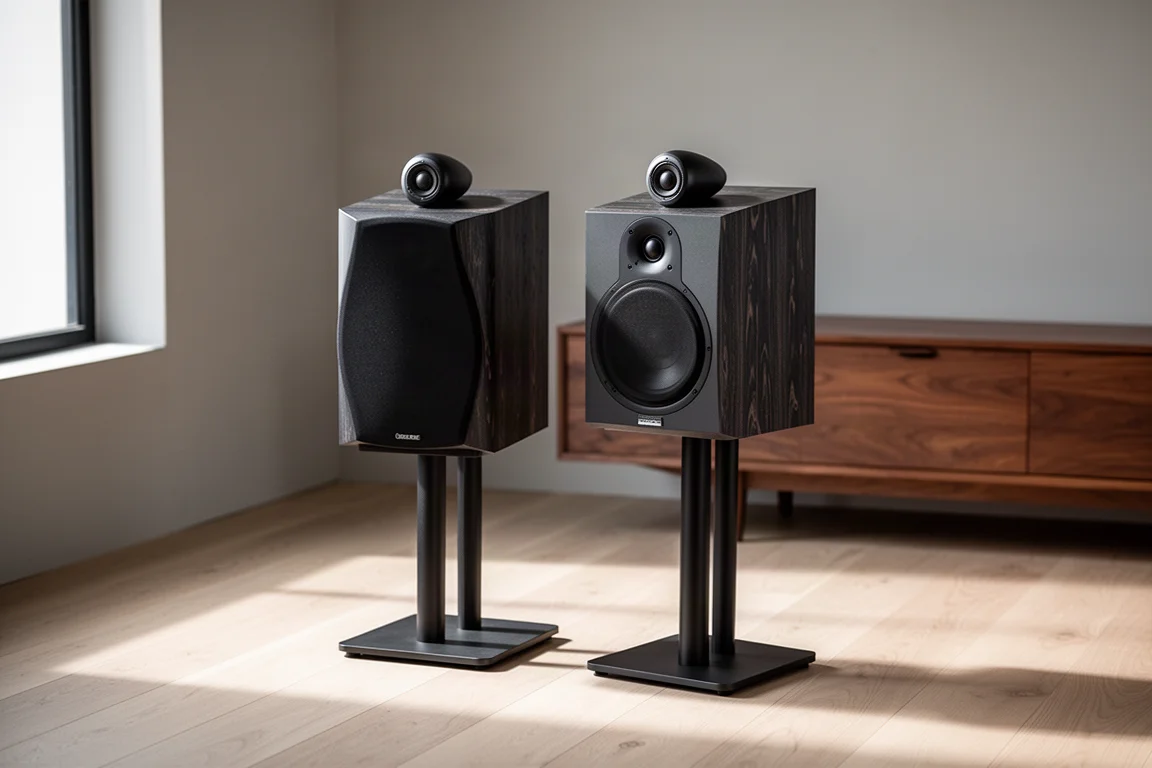 Compact stand-mount speaker in mocha wood veneer with aluminium tweeter pod on concrete