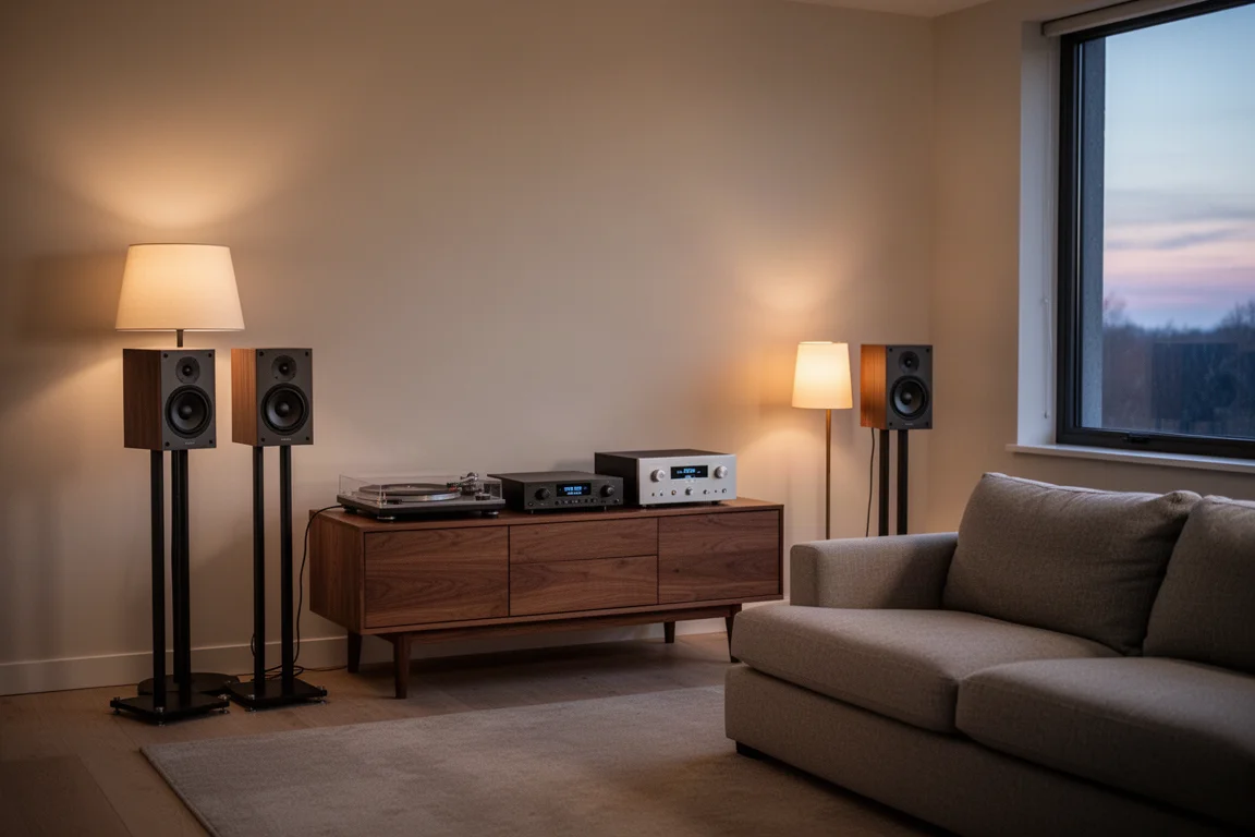Compact hi-fi listening room at dusk with standmount speakers, sofa and turntable