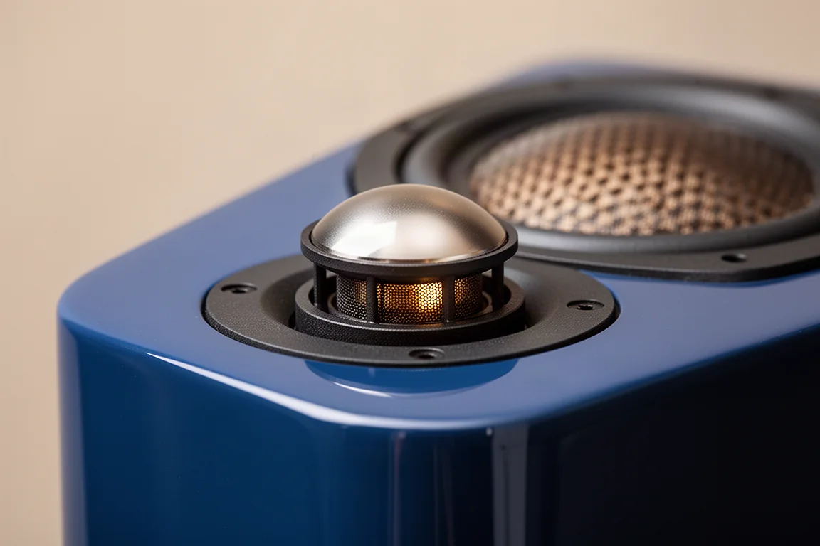 Close-up of a loudspeaker dome tweeter in a decoupled housing on a gloss cabinet