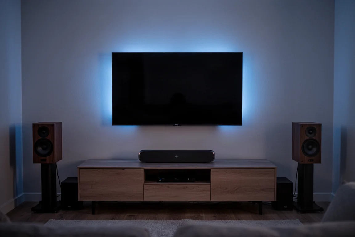 Dim living room home theatre with television, centre channel speaker and standmounts