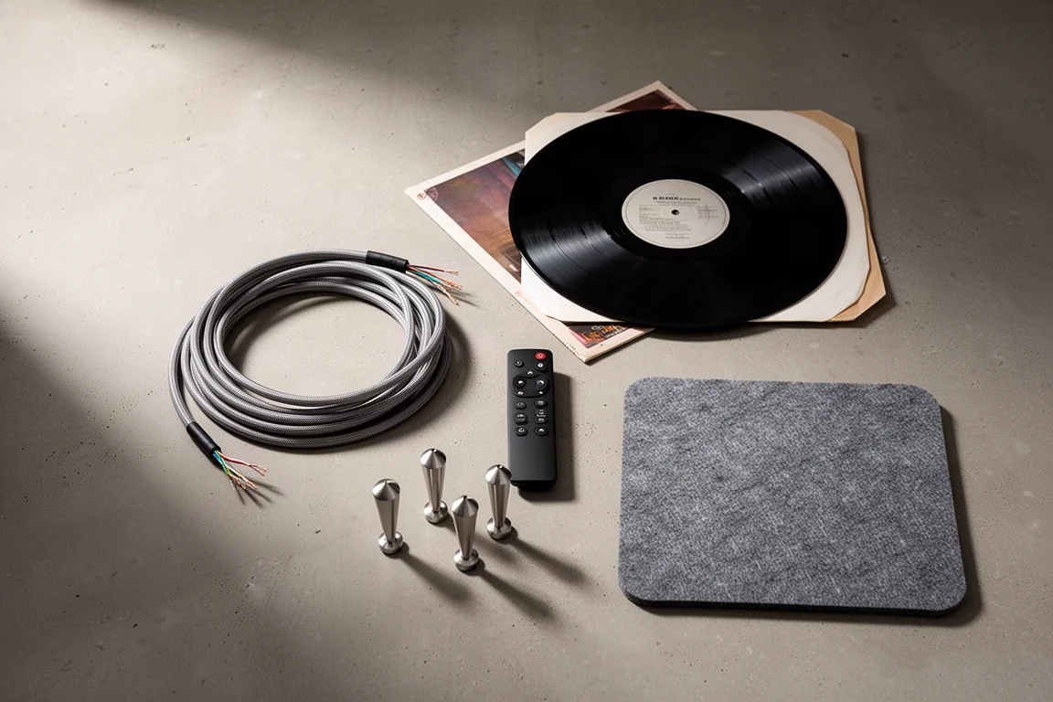 Overhead flat-lay of speaker cable, vinyl record, remote and speaker spikes