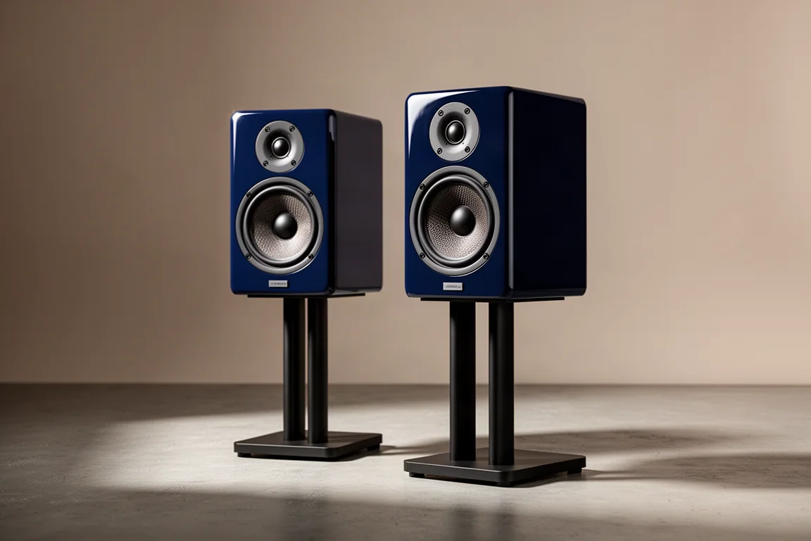 Pair of deep blue standmount loudspeakers on slim black stands in a minimal listening room