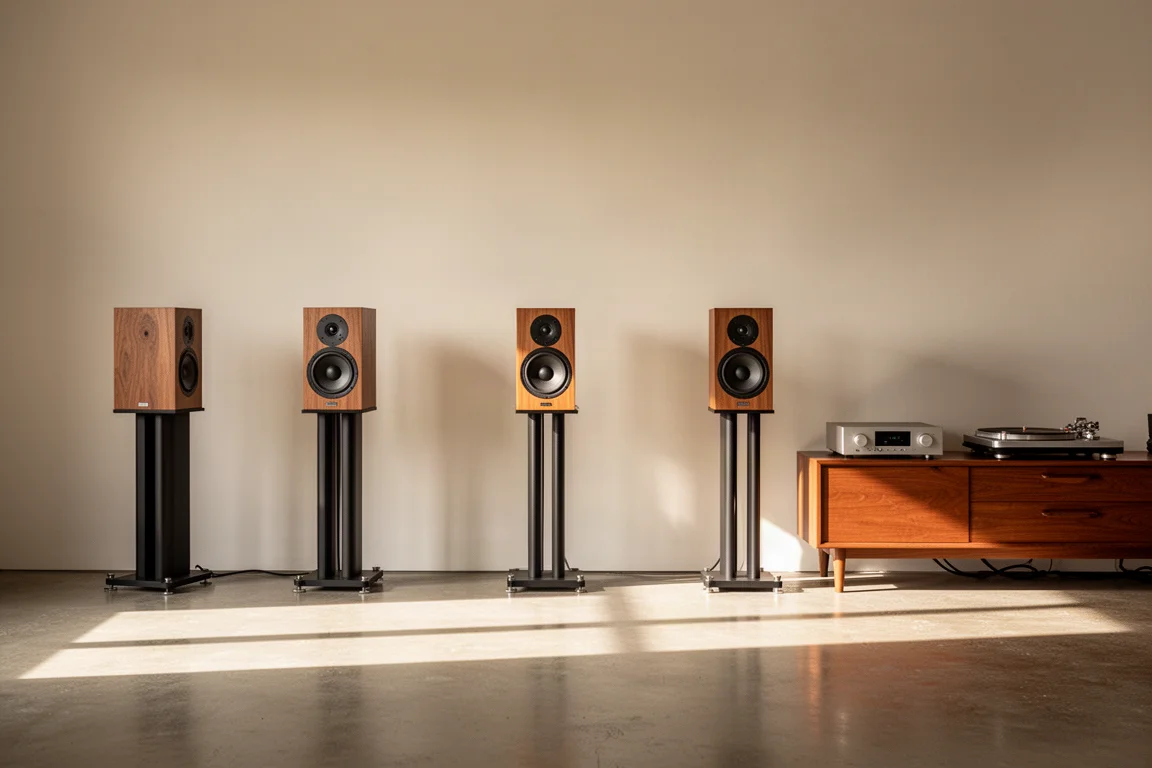 Sala de audição minimalista com três caixas bookshelf em suportes e luz quente de fim de tarde