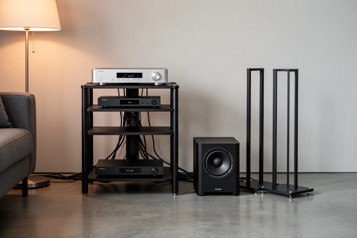 Rack de hi-fi compacto com amplificador fino e pequeno subwoofer ao lado de suportes de caixa