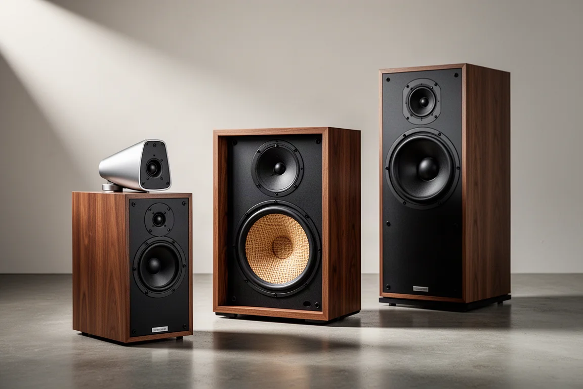 Three standmount loudspeakers arranged on a concrete floor in a minimal listening room