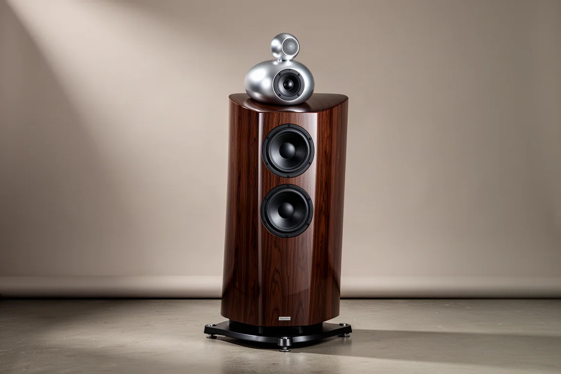 High-end floorstanding loudspeaker with curved dark walnut cabinet, aluminum midrange housing and tweeter pod