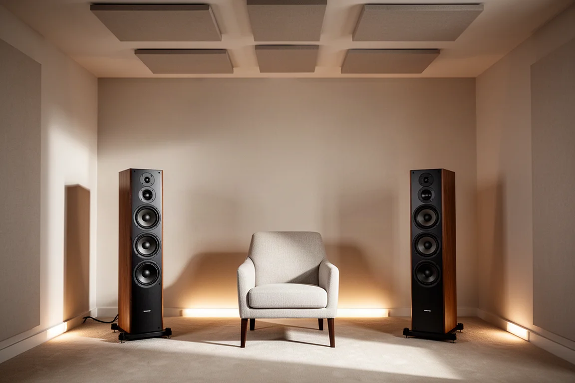 Dedicated two-channel listening room with two tall floorstanding speakers and a single chair