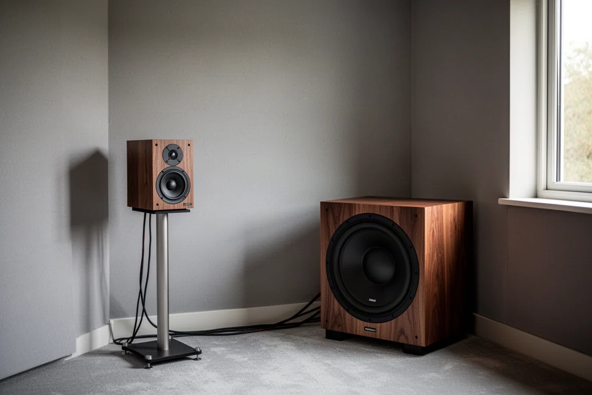 Small listening room with a compact stand-mounted speaker and a large subwoofer in the corner