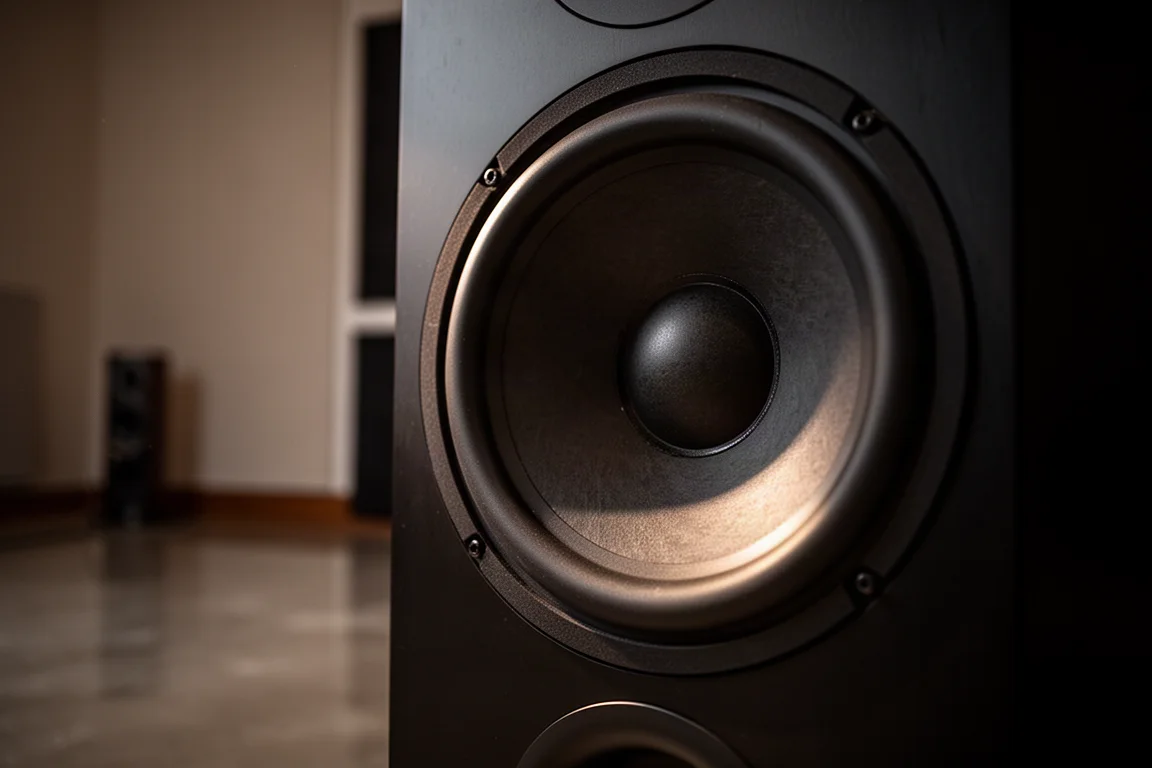 Close detail of a large subwoofer driver cone in a dimly lit listening room